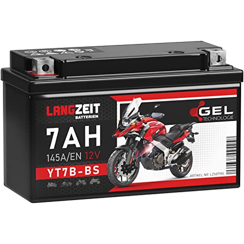 LANGZEIT YT7B-BS Motorradbatterie GEL 12V 7Ah 145A/EN 50719 YT7B-4 GT7B-4 CT7B4 FT7B4 EB7B-BS 507 901 012 Batterie 12V doppelte Lebensdauer vorgeladen auslaufsicher wartungsfrei