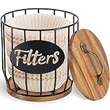 Luneodoki Rustic Coffee Filter Holder with Lid, Acacia Coffee Filter Storage Container Basket, Round