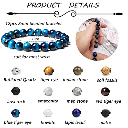 12 Pcs 8mm Gemstones Beaded Bracelets for Men Women Semi-Precious Stone Stretch Round Bead Crystal Bracelets Unisex3