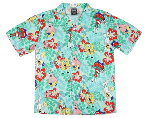 Spongebob Squarepants Men's Character Hawaiian Floral Button-Up Short Sleeve Woven Shirt2