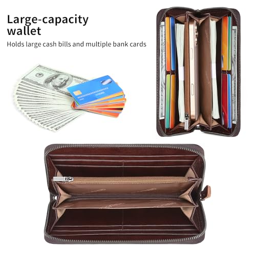 Men's Genuine Leather Zipper Wallet with RFID Blocking, Phone Pocket，Long Zipper Pouch Wallet, Large Clutch Cash Long Wallet with Zipper，Leather Wallets for Men for Checkbook, phone, Cash2
