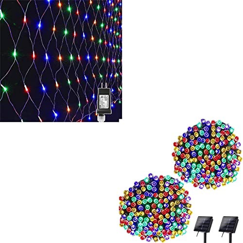 Lyhope 12ft x 5ft 360 LED Christmas Net Lights (Multi-Color) & 2 Pack 72ft 200 LED Solar Christmas Lights (Multi-Color)