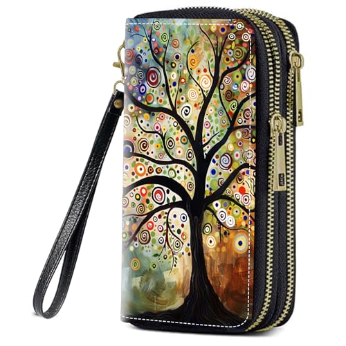 Life Tree Print Women Large Capacity Wallet PU Leather Double Zipper Clutch Purse for Smart Phone/Card/Coin/Cash