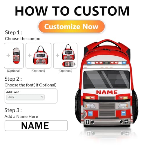 Kids Backpacks for Boys 3-6, 17" Back to School Gifts for Kids Children, Personalized Fire Truck Bookbag Supplies with Pockets for Kindergarten Preschool, Custom School Backpacks for Truck Lovers2