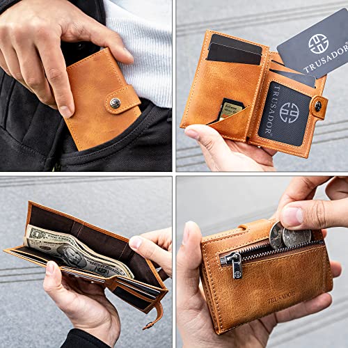 TRUSADOR Venice Men & Women Leather Trifold Wallets RFID Blocking Front Pocket Wallet (Cognac Vintage, With Coin Pocket)2
