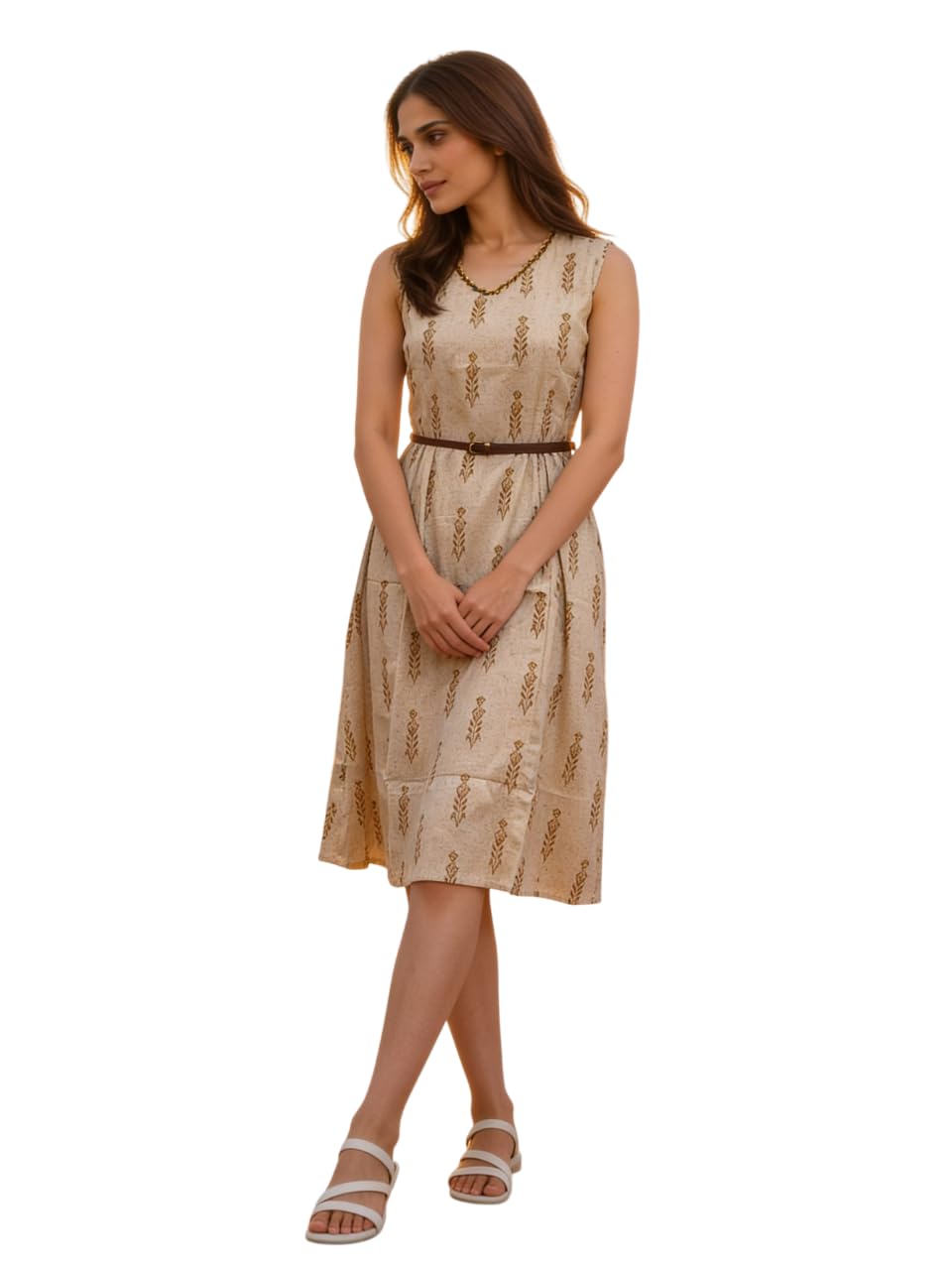 rangita Women Brown Cotton Printed Flared Calf Length Dress-picture-10