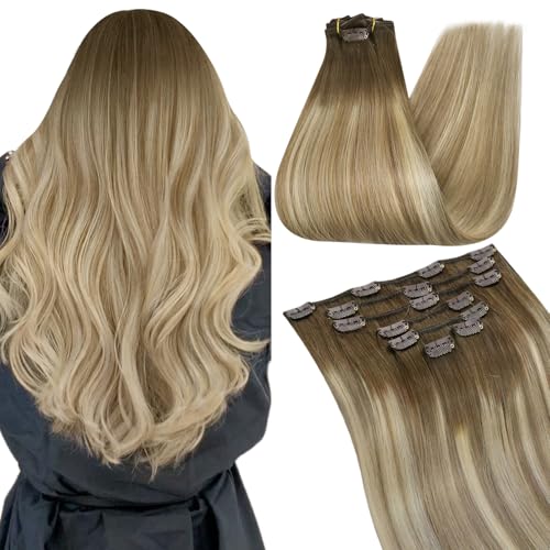 Image of Ugeat Clip in Hair Extensions Real Human Hair Balayage 18 Inch 7pcs 120g | Hair Extensions Clip in , Dark Brown Balayage Chocolate Brown Mix Light Brown , Hair Clip in Extensions