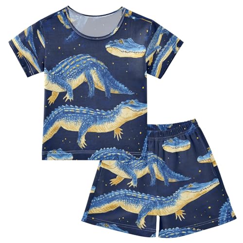 Pajama Sets Short Sleeve Blue Crocodile Pattern Print Soft Cotton Summer Sleepwear 2 Piece PJS Size 5-14T