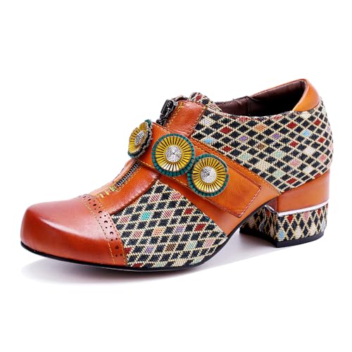 CrazycatZ Leather Pumps,Womens Colorful Vintage Block Heel Shoes2