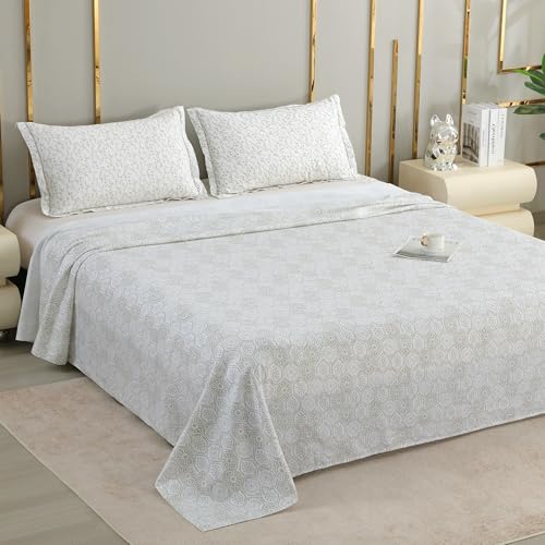 Image of Story@Home Luxe 400 TC Sateen Weave 100% Cotton Bedsheet King 108 x 108 Inches Abstract Printed Soft Flat Sheet with 2 Pillow Covers 18 x 27 Inch -White & Ivory-Gift Packaging
