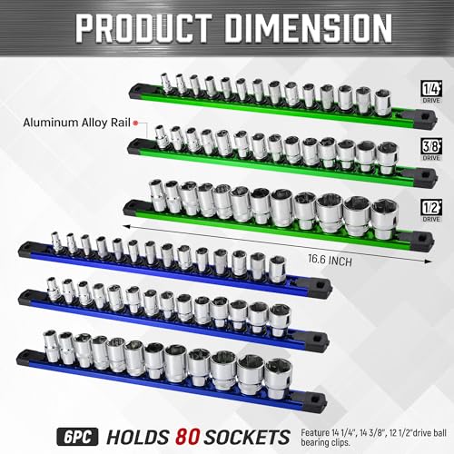 Image of ALOANES 6-Piece Magnetic Socket Organizer, Heavy Duty Aluminum Socket Rails Organizer, 360 Swivel Clips Socket Holder Kit for Tool Box, 1 /2, 3 /8, 1 /4-Inch Socket Holder x 80 Clips (Green&Blue)