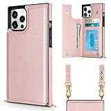 Vofolen Compatible with iPhone 12 Case Wallet 12 Pro 5G Card Holder Lanyard Neck Crossbody Detachable Strap Protective Square Flip Slim Cover Soft PU Leather Double Magnetic Clasp 6.1inch Rose Gold
