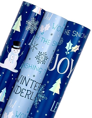 WRAPAHOLIC Christmas Wrapping Paper Roll - Mini Roll - 3 Rolls - 17 Inch x 120 Inch Per Roll - Blue and White Winter Wondland Snowflake Snowman Holiday Collection with Metallic Foil Shine
