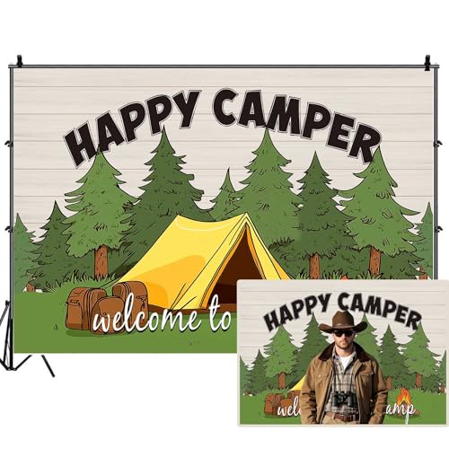 Camping Party Backdrops for Photoshoot, Happy Camper Camp RV Themed Picture Party Decorations Wall Backdrop for Photography Decor Banner, Photographic Studio Photo Backgrounds 10X8 FT