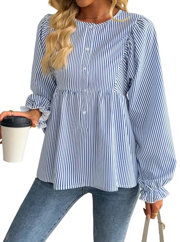 Avanova Women Striped Shirt Peplum Babydoll Top Ruffle Long Sleeve Blouse