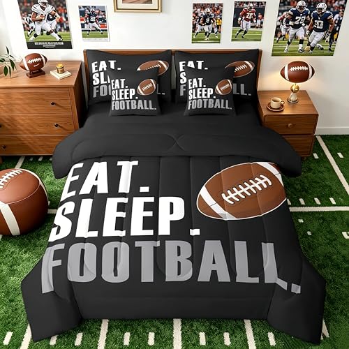 Feelyou Football Comforter Set with Sheets Full Size Rugby Sports 7 Pieces Bedding Set for Kids Boys Girls Teens Black Sports Ball Game Bed in a Bag Gift for Football Lover Bed Set