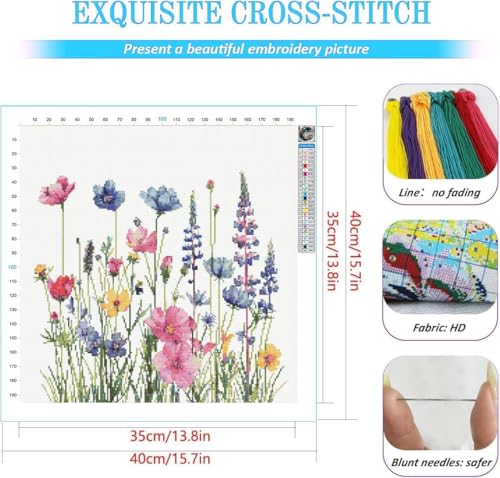 Image of KYOQFVN Flower Stamped Cross Stitch Kits for Adults，11CT Needlepoint Counted Cross Stitch Kits for Beginner，Printed Dimensions - Embroidery Kit Arts and Crafts 14x14 Inch