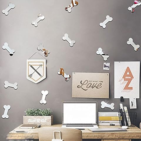 HEYING DECO 20PCS Of 3D Cartoon Dog Food Bone Mirror Wall Stickers For Kids Rooms DIY Art Acrylic Decorative Sticker Mural (Silver) Cover