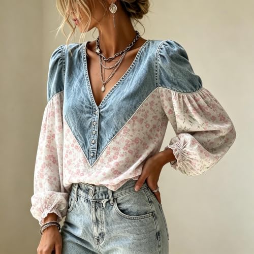 Floral Blouses for Women Denim Patchwork Button V Neck Long Puff Sleeve Top - image 3
