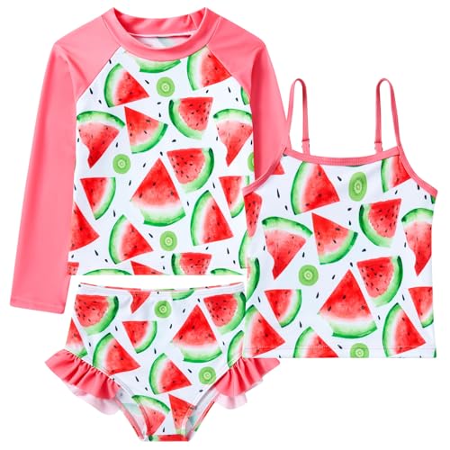 Image of Funnycokid Girls Swimsuit 3 Pieces Long Sleeve Rash Guard Set Tankini Bathing Suits Summer Kids Swimwear 3-10 Years