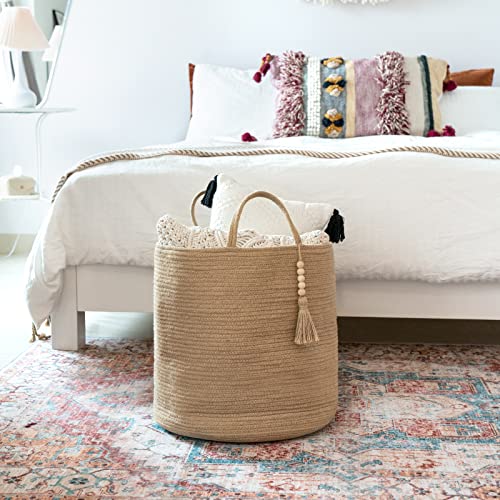 Mkono Tall Wicker Laundry Basket Woven Storage Basket Decorative Natural Rope Basket Wooden Bead Decoration For Blankets,Toys,Clothes,Shoes,Plant Organizer Bin With Handles Living Room 15"Wx17.7"L #TOP4