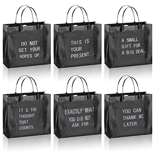 Tudomro 12 Pcs Funny Black Gift Bags Set with Handles Glossy Reusable Gift Bags Tote Bags Non Woven Grocery Shopping Cloth Bag for Christmas Birthday Wedding Party Anniversary, 9.8 x 9 x 3.9 Inch (Funny)