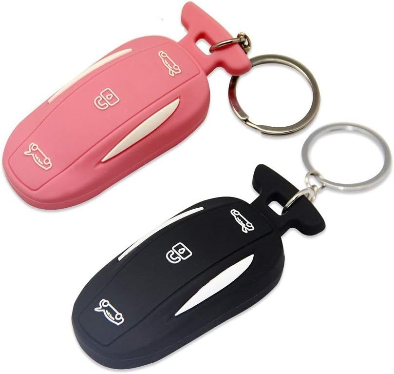 Silicone Car Key Ring, 2 Packs Key Fob Case Cover Holder for Tesla Model X (Pink+Black)