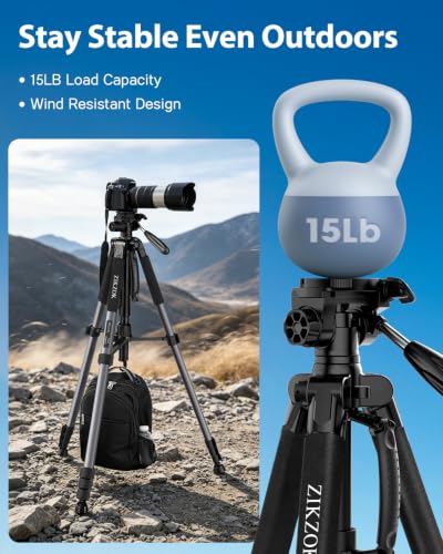 Image of 75 inch Camera Tripod, Heavy Duty Aluminum Camera Stand for ipad Phone, Travel Tripod with Remote /Carry Bag /Phone Tablet Holder, Compatible with DSLR, Spotting Scopes, Max Load 15 Lb(Grey)