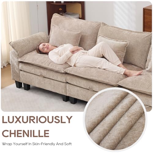 Image of IPKIG 117 inch Modular Cloud Couch with Storage, U Shaped Sectional Sofa with Ottoman & Pillow, Chenille Deep Seat Sectional Couches for Living Room, Apartment, Khaki