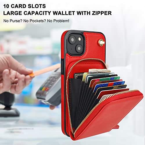 Kihuwey Crossbody Wallet Case For Iphone 14 Plus, Zipper Pocket Case With Card Holder, Pu Leather Rfid Blocking Protective Cover Case With Kickstand Detachable Wrist Strap Lanyard 6.7" (Red) #TOP3