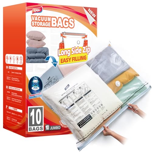 TAILI 10 Pack Vacuum Storage Bags, LONG SIDE ZIP (39x28 inch), Vacuum Seal Bags for Clothing, Jumbo Storage Space Saver for Beddings, Comforters, Blanket, Pillows and Clothes
