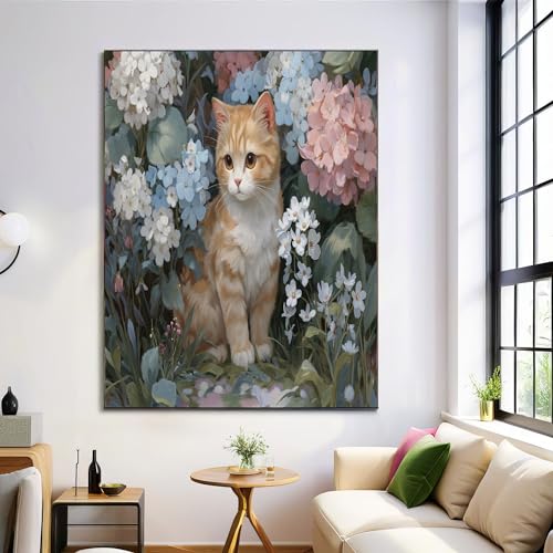 Cuadro sobre lienzo de gato para dar vida a paredes vacías, decoración verde de 60x90cm sin marco