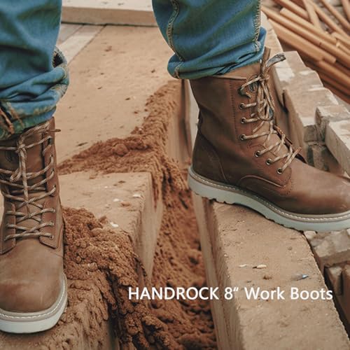 HANDROCK Men's 6"-8" Soft Toe Men's Work Boots, Water Resistant Leather EH Safety Boots With Non-Slip Wedge Outsole 805-8092