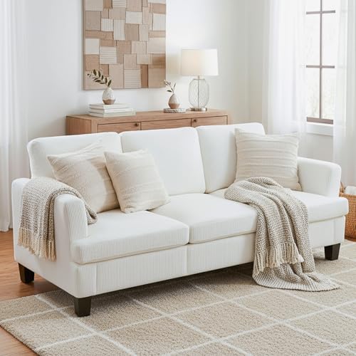 ATOMSPACE 3 Seater Couch, 84" Comfy Corduroy Sofa with Deep Seat for Living Room, Modern Upholstered White Sofa Couches for Bedroom, Apartment and Office (Pillows Not Include)