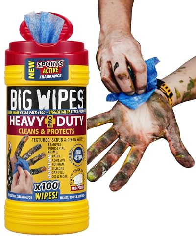 Big Wipes Heavy Duty Pro+ Hand Wipes – Textured Dual-Sided Cleaning Wipes for Paint, Grease, Oil - Industrial Cleaning Products for Tools & Surfaces - Heavy Duty Hand Cleaner - Dispenser Tub x100