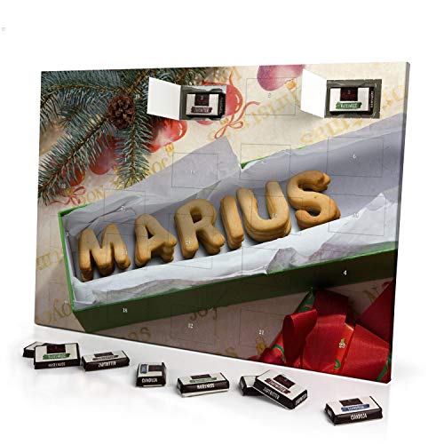 printplanet - Adventskalender mit Namen Marius - gefüllt mit Schokoladen-Füllung - personalisiert mit Namens-Motiv Keksbox - Schoko-Kalender, Weihnachtskalender