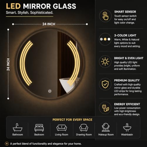 Image of LED Smart Bathroom Mirror with Touch Sensor | 3-in-1 Light Modes - Warm White | Cool White & Natural Light | Office and Home Use (Round, 24x24)