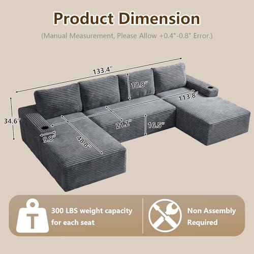 Image of 133 inch U-Shape Cloud Couch, Modern Modular Sectional U-Shape Sofa, Corduroy Boneless Couch Upholstered Couches Deep Seat Sleeper Chaise Longue for Living Room, No Assembly Required,Dark Gray