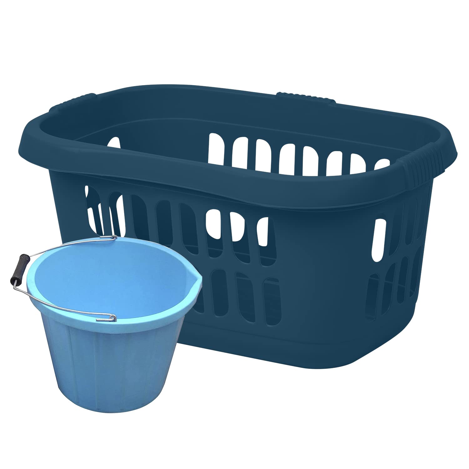 JMS we create smile [Set of 2] - 60L Hipster Laundry Basket & 3 Gallon Bucket With Handle - Storage/Orgniser/Portable washing basket - Made in UK (Midnight Navy + Blue)