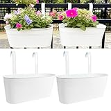 Joyfernal Hanging Planters for Outdoor Plants, 17" Railing Planter Pots, Metal Fence Flower Pot for Porch Balcony with Detachable Hook (White, Pack of 2)