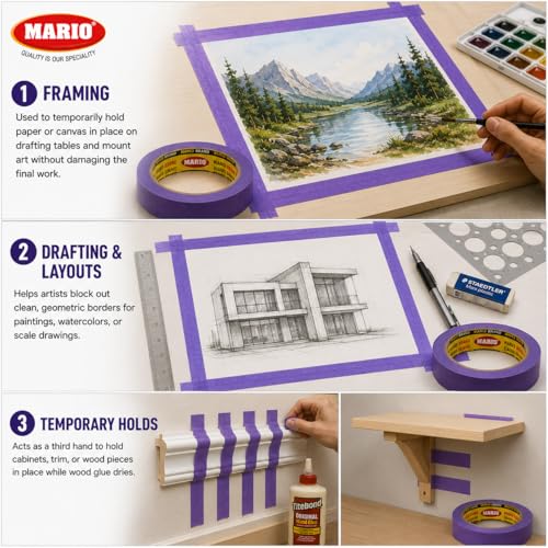 Image of Mario Purple Masking Tape - 20 Meter Length, 12mm Width - Strong Adhesive Tape for DIY, Painting & Repair Work - Residue Free - Pack of 2 Rolls
