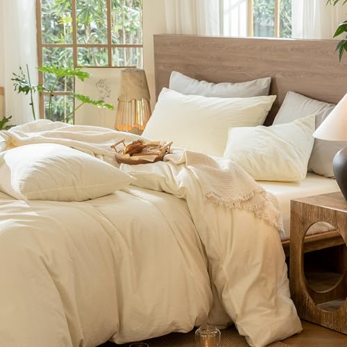 Image of MooMee Wavy Striped Duvet Cover Set 100% Washed Cotton Linen Like Textured Breathable Durable Soft Comfy (Cream White, Full 80 inchx90 inch)