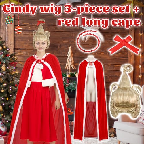 4Pcs Cindy Lou Who Robe Hooded Cloak Wig Necklace Bow Christmas Mrs Santa Claus Velvet Cape Costume Adults Kids by Varuotu - Image 3