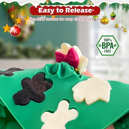 Image of HKNMTT Christmas Silicone molds for Xmas Candy Chocolate Wax Decor, 60 Cavity 11 Shapes Gummy Mould, Including Tree Santa Cane Hat Socks Elk Gingerbread Man Bell Glove Snowman Food Grade DIY Set