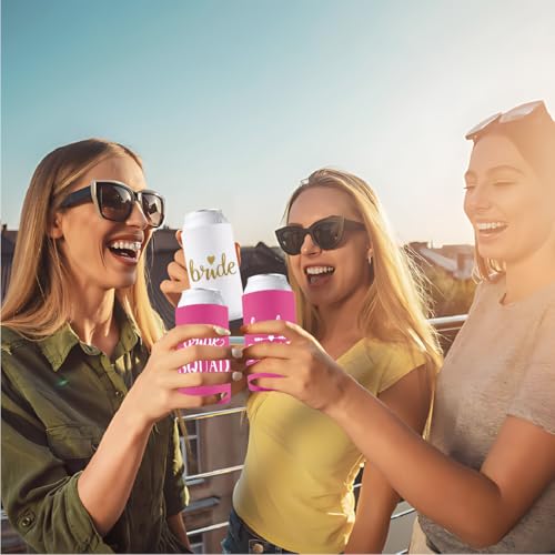 Image of PartyGifts&Beyond Bridesmaid Gifts Can Cooler 10Packs Bachelorette Party Decorations Slim Can Cooler Bride Squad Can Sleeves(Neon Pink)