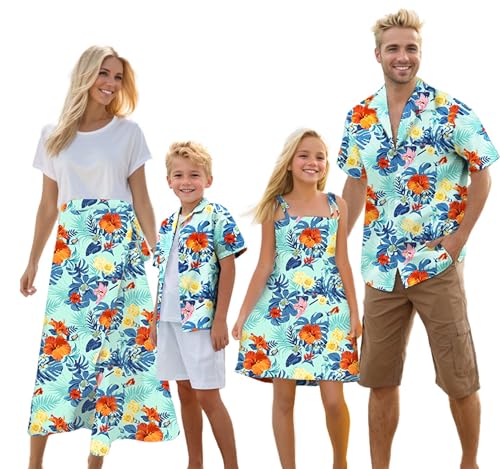 Image of Cromoncent Matching Hawaiian Outfits for Family, Dad and Son Matching Luau Beach Tropical Shirts Mommy Daughter Tropical Sets