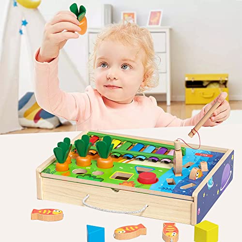 Ccmtanghong Wooden Montessori Learning Educational Toys For Gift Ages1-5 Year Old With Xylophone,Fishing Game,Shape Sorter,Carrot Harvest Hammering Pounding Toys For Toddler Preschool Interesting Gift #TOP3