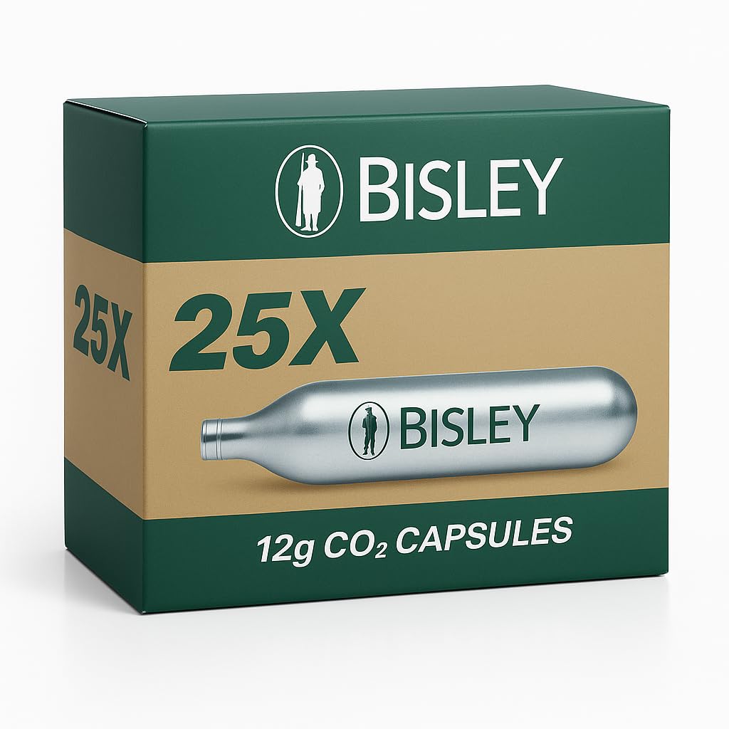 Bisley 12g CO2 Cartridges for Airsoft Guns – Pack of 25 Non-Threaded Gas Canisters – Steel CO2 Capsules for Airsoft BB Gun, CO2-Powered Devices & Gear