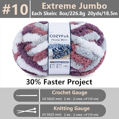 Image of Cozyful Chunky Yarn for Hand Knitting - #10 Chunky Chenille Blanket Yarn, Jumbo Big Thick Chunky Yarns for Crocheting, Tie Dye Bulky Knit Yarns, 8 Skein (20 yds 8 oz Each Skein), Purple&Mauve&Grey