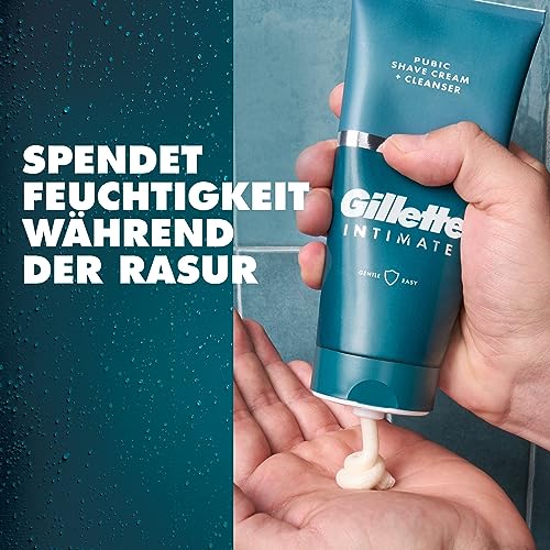 Gillette Intimate Rasierset für Männer, Nassrasierer Herren — Inkl. 8 Rasierklingen + 2in1 Rasier und Duschcreme für den Intimbereich (177 ml) + Inklusive Duschhalterung & Reiseetui